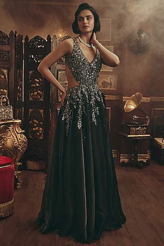 Black Shimmer Organza Metallic Embellished Gown by ROQA | Siddharth Khurana & Kartik Khurana