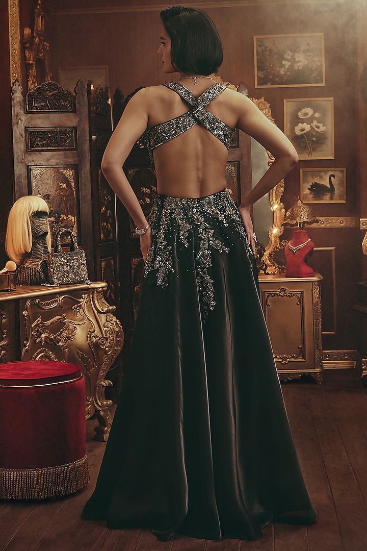 Black Shimmer Organza Metallic Embellished Wedding Gown by ROQA | Siddharth Khurana & Kartik Khurana at Pernia's Pop Up Shop