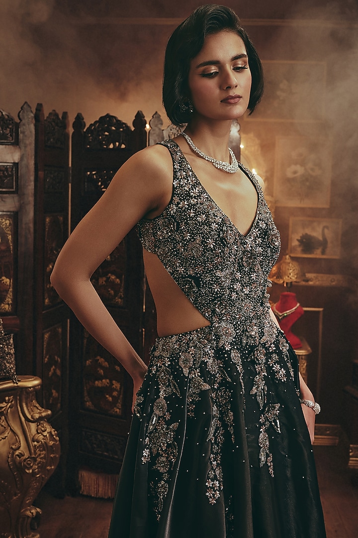 Black Shimmer Organza Metallic Embellished Wedding Gown by ROQA | Siddharth Khurana & Kartik Khurana at Pernia's Pop Up Shop