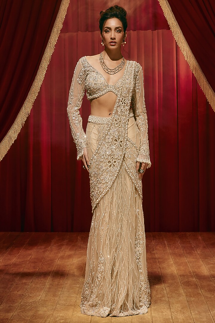 Ivory Net Bead Embroidered Draped Skirt Bridal Saree Set by ROQA | Siddharth Khurana & Kartik Khurana at Pernia's Pop Up Shop