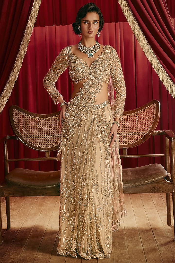 Gold Net Bead Embellished Draped Bridal Saree Set by ROQA | Siddharth Khurana & Kartik Khurana at Pernia's Pop Up Shop