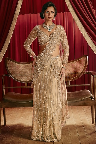 Gold Net Bead Embellished Draped Saree Set by ROQA | Siddharth Khurana & Kartik Khurana