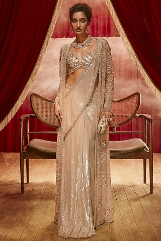 Champagne Gold Sequins Net Embellished Draped Jacket Saree Set by ROQA | Siddharth Khurana & Kartik Khurana