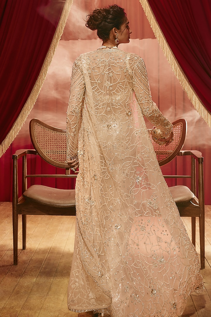 Champagne Gold Sequins Net Embellished Draped Jacket Reception Saree Set by ROQA | Siddharth Khurana & Kartik Khurana at Pernia's Pop Up Shop