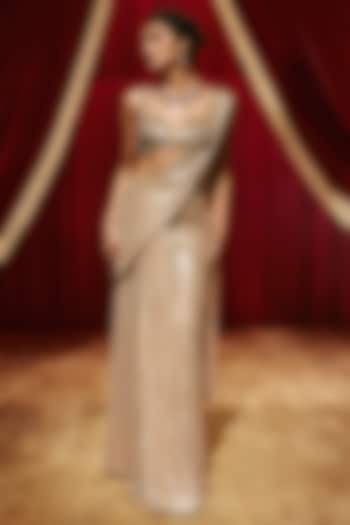 Champagne Gold Sequins Net Embellished Draped Wedding Saree Set by ROQA | Siddharth Khurana & Kartik Khurana at Pernia's Pop Up Shop