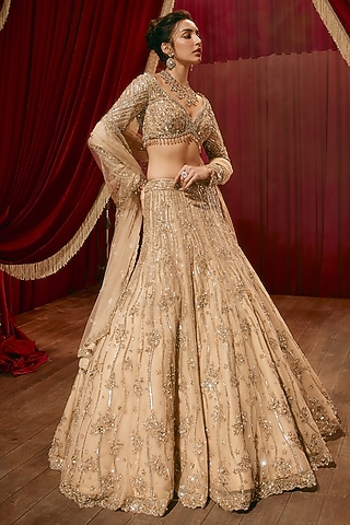 Champagne Gold Net Sequin Embroidered Lehenga Set by ROQA | Siddharth Khurana & Kartik Khurana