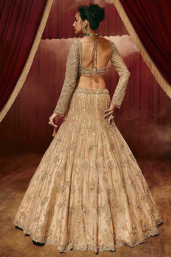 Champagne Gold Net Sequin Embroidered Bridal Lehenga Set by ROQA | Siddharth Khurana & Kartik Khurana at Pernia's Pop Up Shop