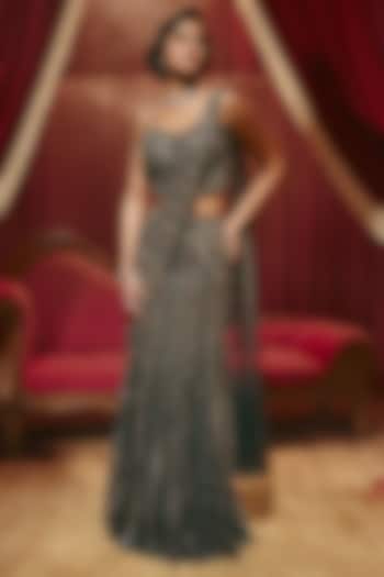 Midnight Blue Net Metallic Embellished Draped Bridal Saree Set by ROQA | Siddharth Khurana & Kartik Khurana at Pernia's Pop Up Shop