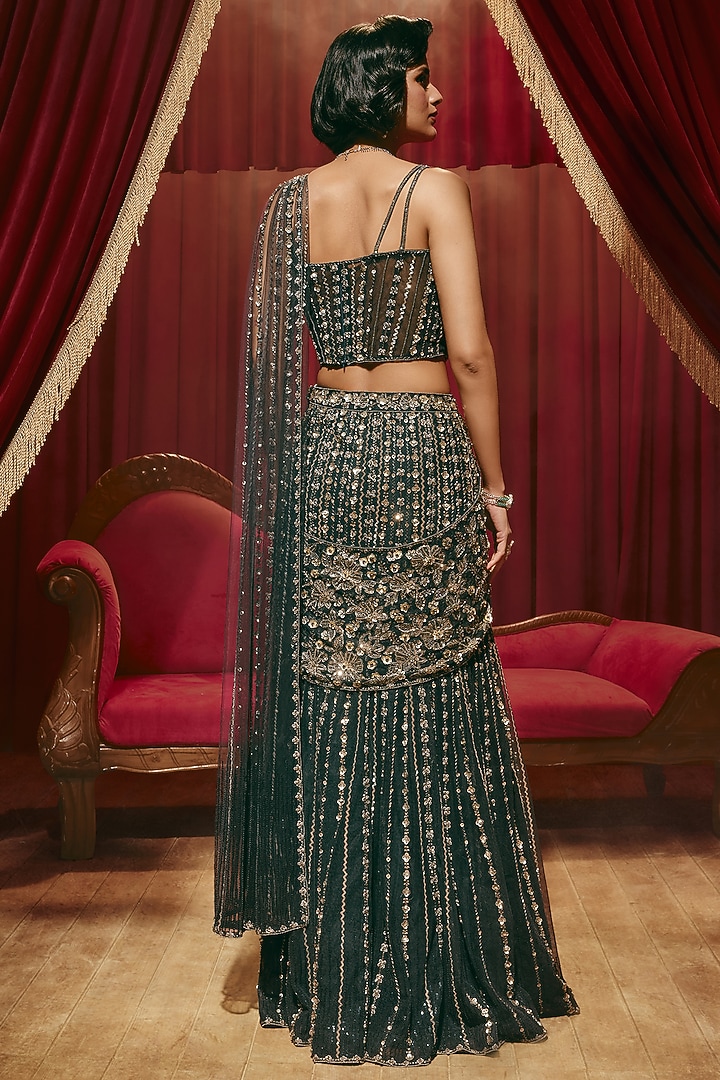 Midnight Blue Net Metallic Embellished Draped Bridal Saree Set by ROQA | Siddharth Khurana & Kartik Khurana at Pernia's Pop Up Shop