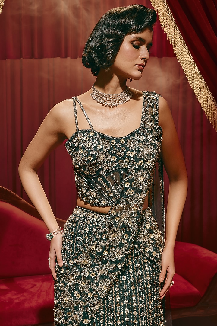 Midnight Blue Net Metallic Embellished Draped Bridal Saree Set by ROQA | Siddharth Khurana & Kartik Khurana at Pernia's Pop Up Shop
