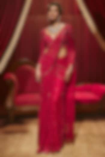 Ruby Red Net Embellished Draped Reception Saree Set by ROQA | Siddharth Khurana & Kartik Khurana at Pernia's Pop Up Shop