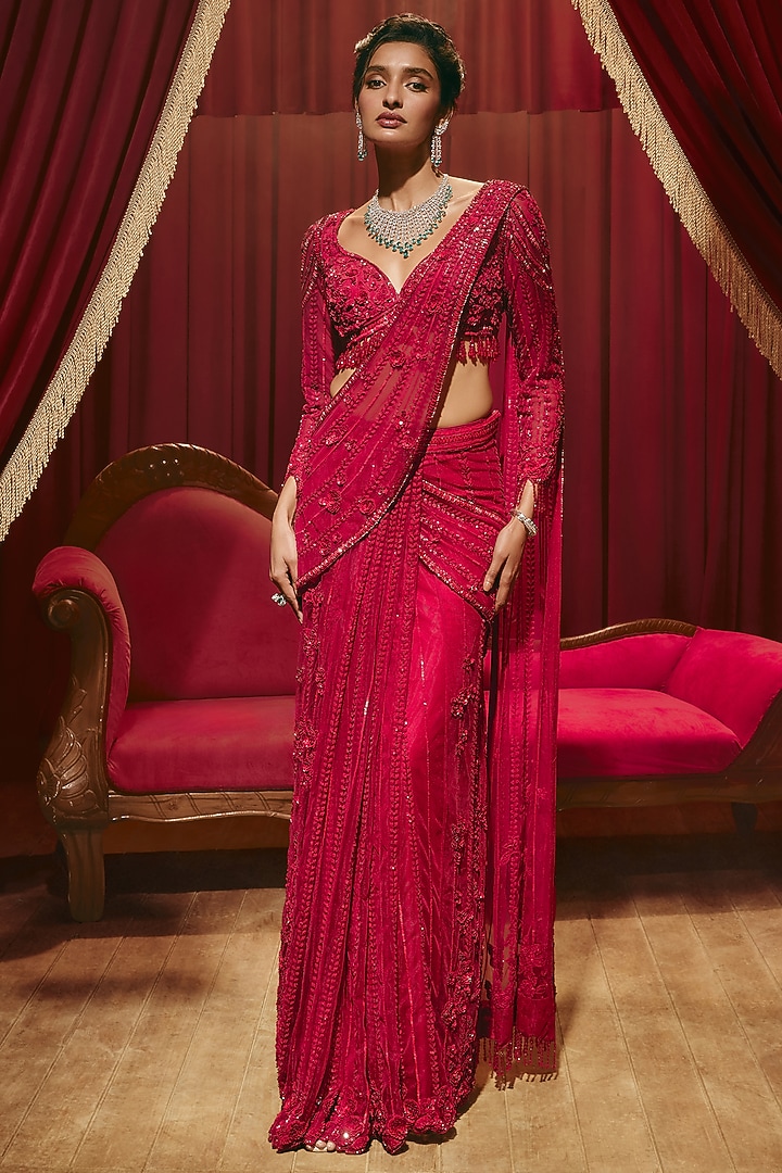 Ruby Red Net Embellished Draped Reception Saree Set by ROQA | Siddharth Khurana & Kartik Khurana at Pernia's Pop Up Shop