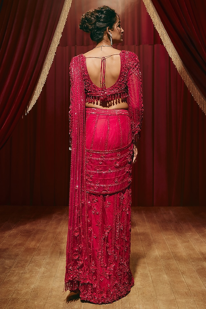 Ruby Red Net Embellished Draped Reception Saree Set by ROQA | Siddharth Khurana & Kartik Khurana at Pernia's Pop Up Shop