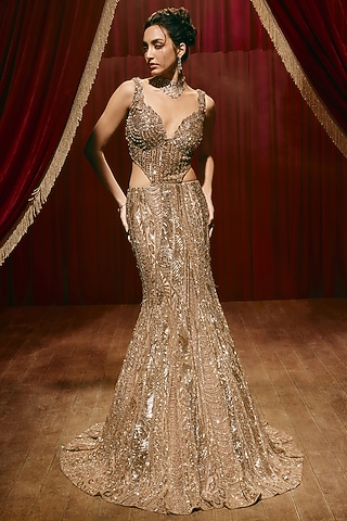 Rose Gold Net Embellished Gown by ROQA | Siddharth Khurana & Kartik Khurana