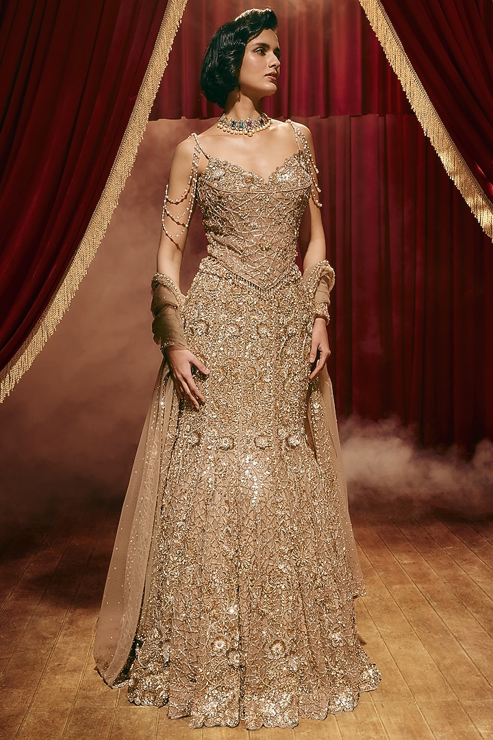 Rose Gold Net Embellished Bridal Lehenga Set by ROQA | Siddharth Khurana & Kartik Khurana at Pernia's Pop Up Shop