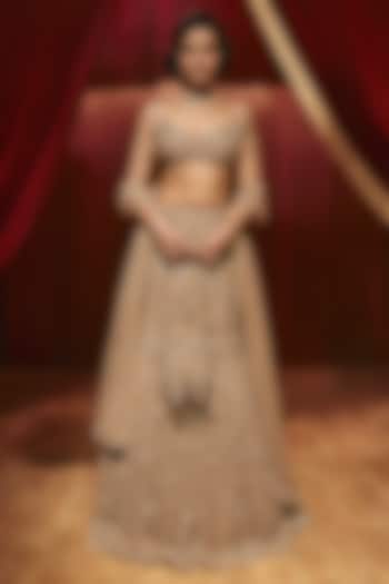 Rose Gold Net Embellished Fish-Cut Bridal Lehenga Set by ROQA | Siddharth Khurana & Kartik Khurana at Pernia's Pop Up Shop