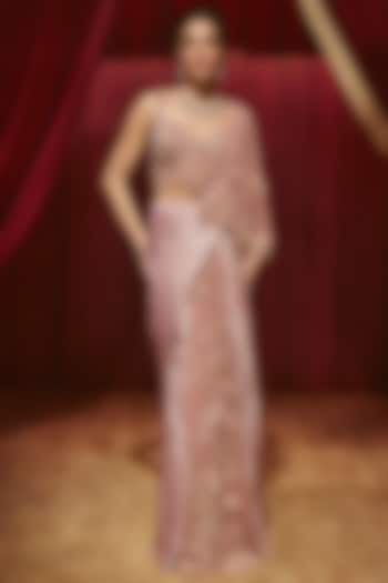 Dusty Pink Shimmer Lycra Embellished Draped Reception Saree Set by ROQA | Siddharth Khurana & Kartik Khurana at Pernia's Pop Up Shop