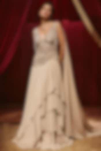 Beige Net & Georgette Sequin Embellished Engagement Gown by ROQA | Siddharth Khurana & Kartik Khurana at Pernia's Pop Up Shop