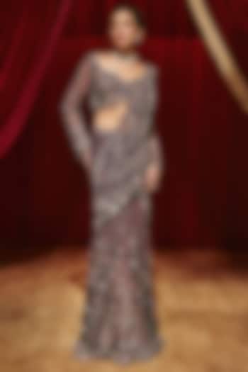 Purple Net Floral Hand Embellished Draped Reception Saree Set by ROQA | Siddharth Khurana & Kartik Khurana at Pernia's Pop Up Shop