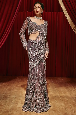 Purple Net Floral Hand Embellished Draped Saree Set by ROQA | Siddharth Khurana & Kartik Khurana