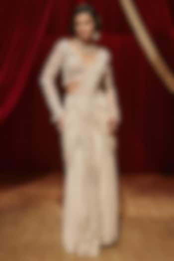 Ivory Net Hand Embellished Draped Bridal Saree Set by ROQA | Siddharth Khurana & Kartik Khurana at Pernia's Pop Up Shop