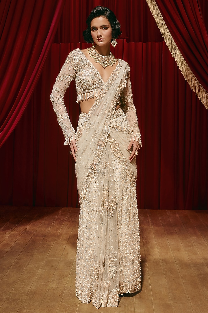 Ivory Net Hand Embellished Draped Bridal Saree Set by ROQA | Siddharth Khurana & Kartik Khurana at Pernia's Pop Up Shop