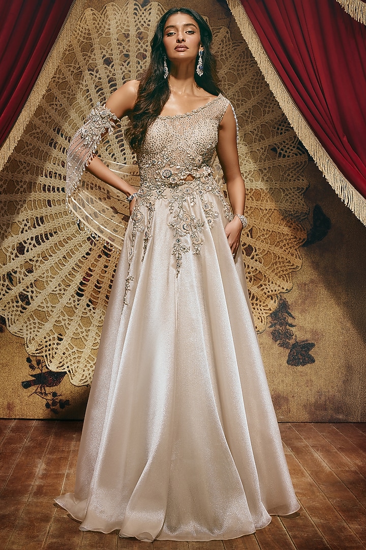 Silver Net & Shimmer Organza Hand Embellished Flared Engagement Gown by ROQA | Siddharth Khurana & Kartik Khurana at Pernia's Pop Up Shop