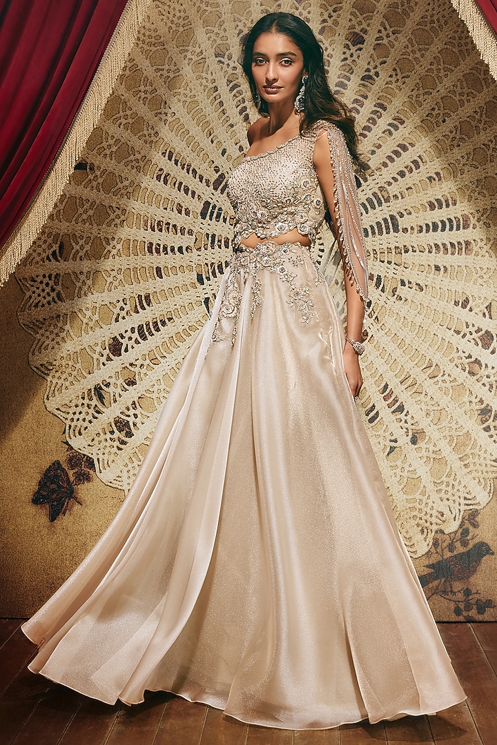 Silver Net & Shimmer Organza Hand Embellished Flared Engagement Gown by ROQA | Siddharth Khurana & Kartik Khurana at Pernia's Pop Up Shop