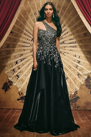 Midnight Blue Net Floral Embellished One-Shoulder Gown by ROQA | Siddharth Khurana & Kartik Khurana
