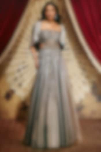 Charcoal Grey Shimmer Organza Sequin Embellished Wedding Gown With Cape by ROQA | Siddharth Khurana & Kartik Khurana at Pernia's Pop Up Shop