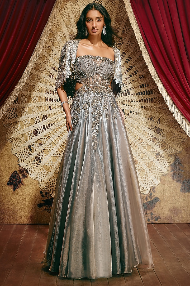 Charcoal Grey Shimmer Organza Sequin Embellished Wedding Gown With Cape by ROQA | Siddharth Khurana & Kartik Khurana at Pernia's Pop Up Shop