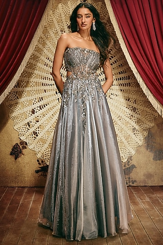 Charcoal Grey Shimmer Organza Sequin Embellished Gown by ROQA | Siddharth Khurana & Kartik Khurana