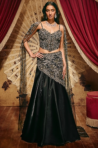Black Organza Hand Embellished Lehenga Set by ROQA | Siddharth Khurana & Kartik Khurana
