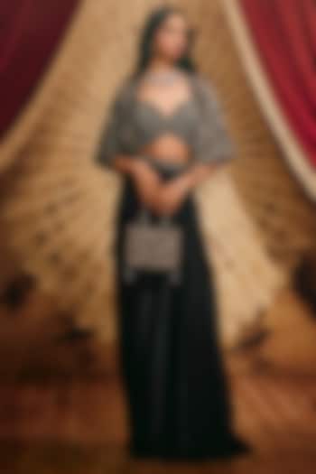 Black Modal Satin Draped Skirt Set by ROQA | Siddharth Khurana & Kartik Khurana at Pernia's Pop Up Shop