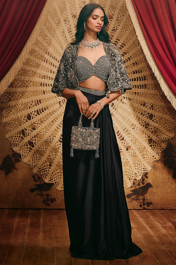 Black Modal Satin Draped Skirt Set by ROQA | Siddharth Khurana & Kartik Khurana at Pernia's Pop Up Shop