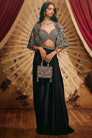 Black Modal Satin Draped Skirt Set by ROQA | Siddharth Khurana & Kartik Khurana