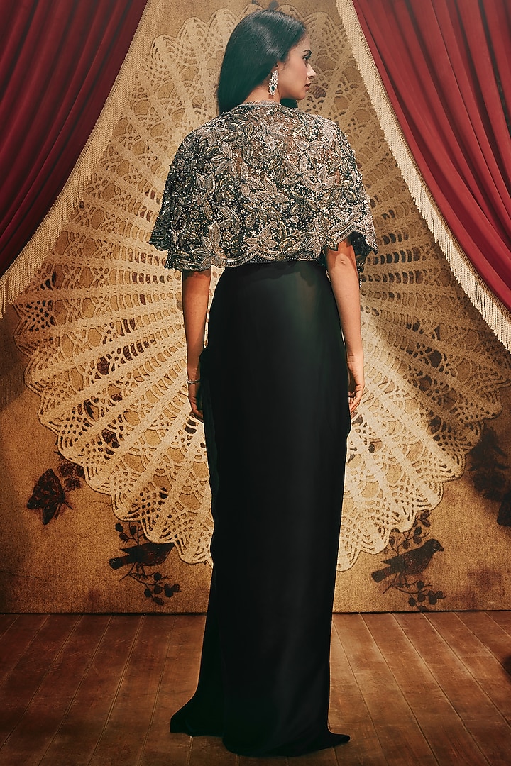 Black Modal Satin Draped Skirt Set by ROQA | Siddharth Khurana & Kartik Khurana at Pernia's Pop Up Shop