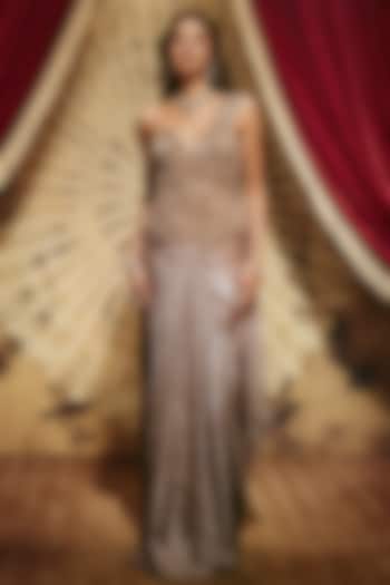 Metallic Grey Shimmer Lycra Sequin Embellished Draped Wedding Saree Set by ROQA | Siddharth Khurana & Kartik Khurana at Pernia's Pop Up Shop