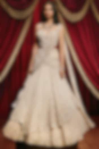 Ivory Shimmer Georgette Sequin Embellished Draped Wedding Lehenga Set by ROQA | Siddharth Khurana & Kartik Khurana at Pernia's Pop Up Shop