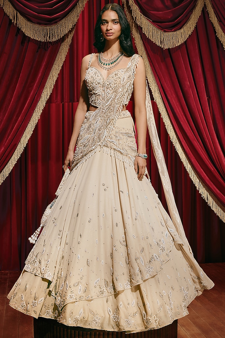 Ivory Shimmer Georgette Sequin Embellished Draped Wedding Lehenga Set by ROQA | Siddharth Khurana & Kartik Khurana at Pernia's Pop Up Shop