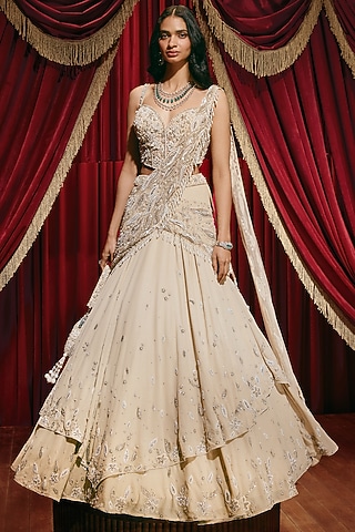 Ivory Shimmer Georgette Sequin Embellished Draped Lehenga Set by ROQA | Siddharth Khurana & Kartik Khurana