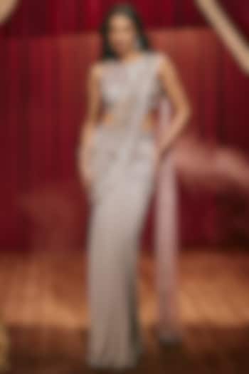 Dove Grey Georgette Embroidered Draped Wedding Saree Set by ROQA | Siddharth Khurana & Kartik Khurana at Pernia's Pop Up Shop