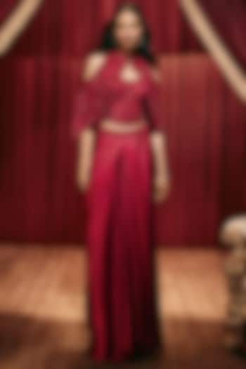 Red Modal Satin Pleated Skirt Set by ROQA | Siddharth Khurana & Kartik Khurana at Pernia's Pop Up Shop