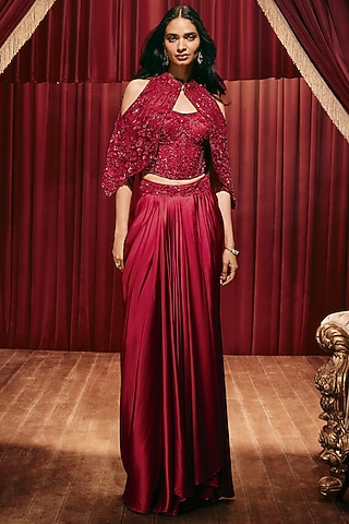 Red Modal Satin Pleated Skirt Set by ROQA | Siddharth Khurana & Kartik Khurana