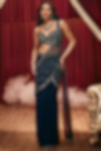 Blue Georgette Sequin Embroidered Draped Wedding Saree Set by ROQA | Siddharth Khurana & Kartik Khurana at Pernia's Pop Up Shop