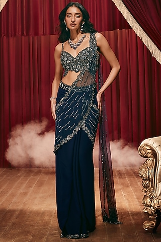 Blue Georgette Sequin Embroidered Draped Saree Set by ROQA | Siddharth Khurana & Kartik Khurana