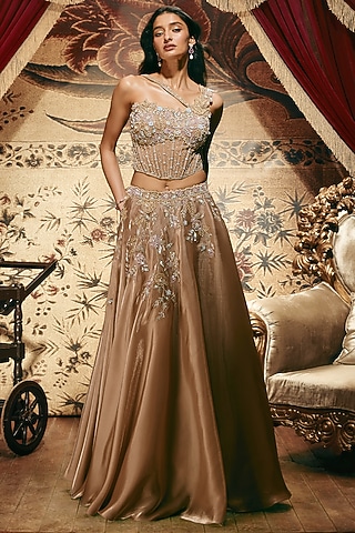 Gold Shimmer Organza Floral Hand Embellished Lehenga Set by ROQA | Siddharth Khurana & Kartik Khurana