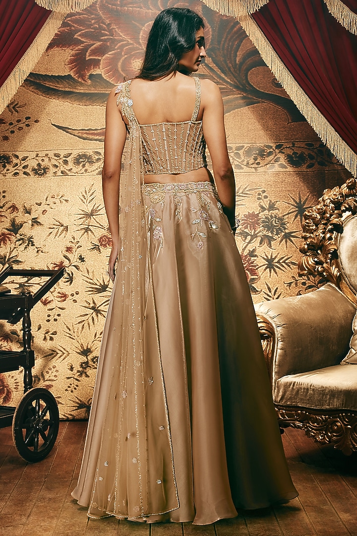 Gold Shimmer Organza Floral Hand Embellished Wedding Lehenga Set by ROQA | Siddharth Khurana & Kartik Khurana at Pernia's Pop Up Shop