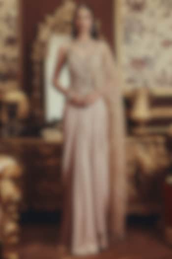 Beige Modal Satin & Net Sequin Embellished Engagement Gown by ROQA | Siddharth Khurana & Kartik Khurana at Pernia's Pop Up Shop