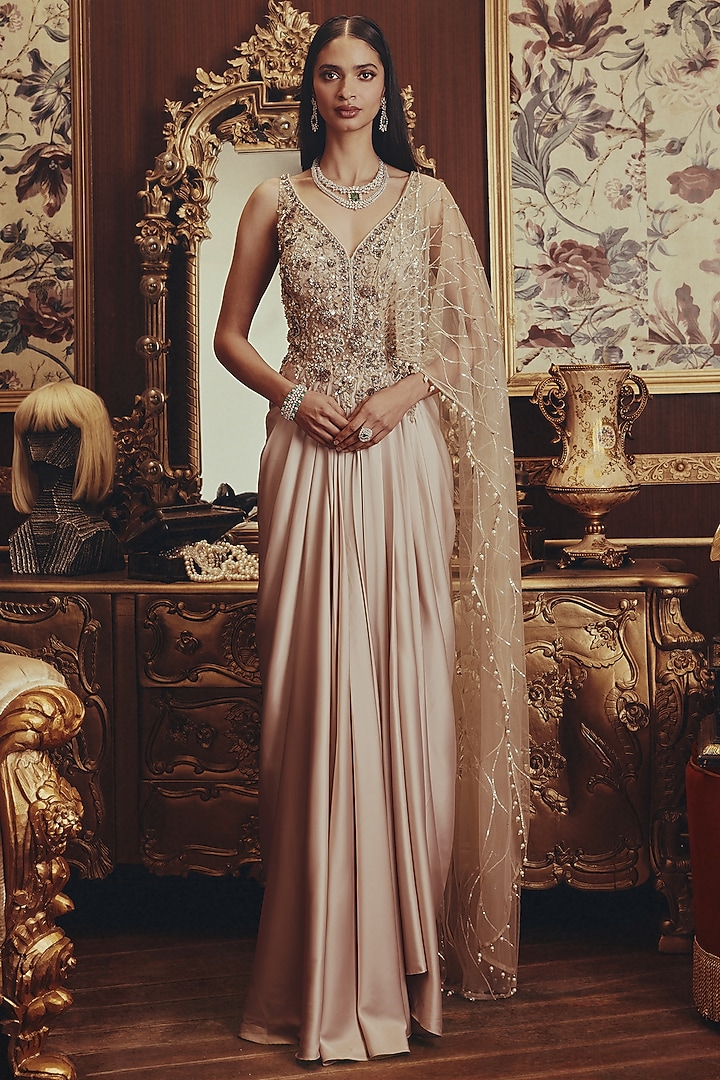 Beige Modal Satin & Net Sequin Embellished Engagement Gown by ROQA | Siddharth Khurana & Kartik Khurana at Pernia's Pop Up Shop